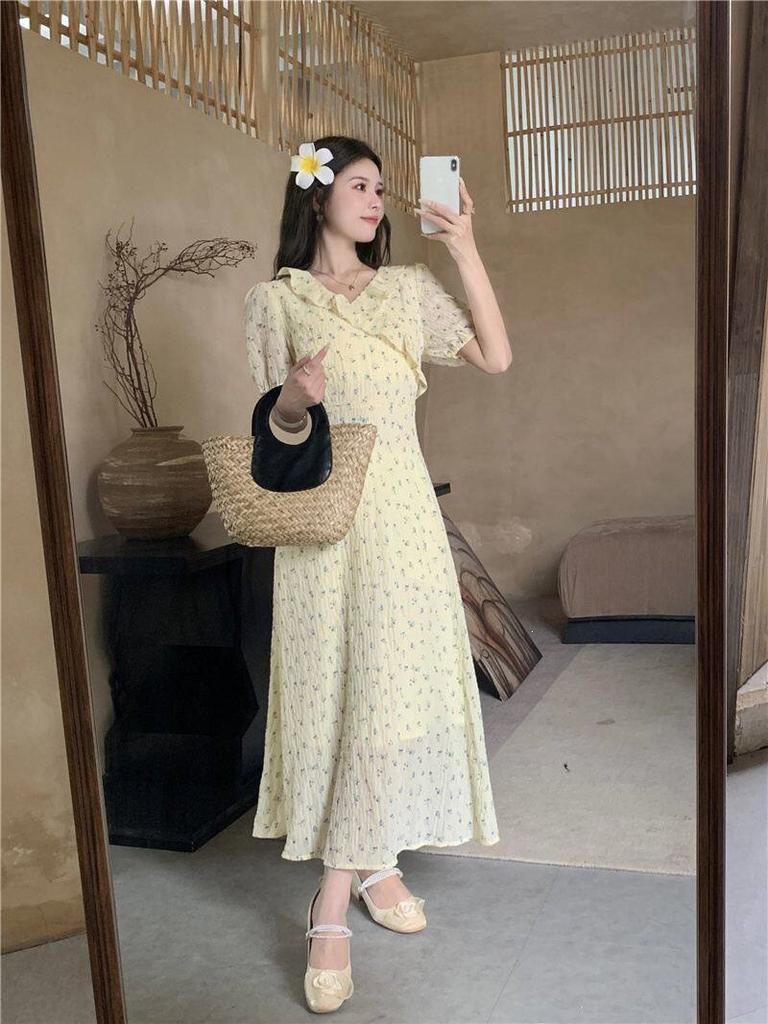 Large size French pastoral floral dress women's summer fat mm thin pear-shaped figure covering the stomach sweet a-word skirt