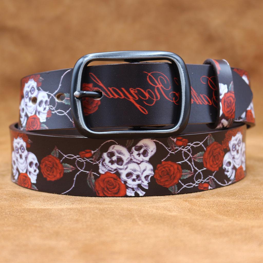 Real Cowhide Retro Skull Rose Graffiti Printed Belt, Personalized Retro Belt, American Japanese and Korean Style