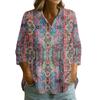 Women Button Front Shirt Vintage Floral Print Three Quarter Sleeve Loose Fit Blouse with Collar Casual Lightweight Top