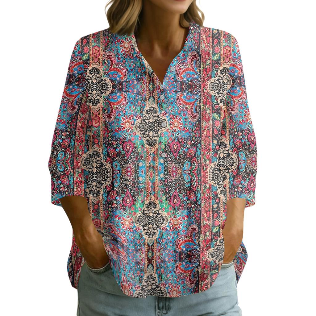 Women Button Front Shirt Vintage Floral Print Three Quarter Sleeve Loose Fit Blouse with Collar Casual Lightweight Top