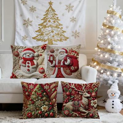 4 Pièces Housse de Coussin Motif Flocon de Neige Bonhomme de Neige Arbre de Noël Design Fermeture Éclair Invisible Housse de Coussin Décoration Intérieure
