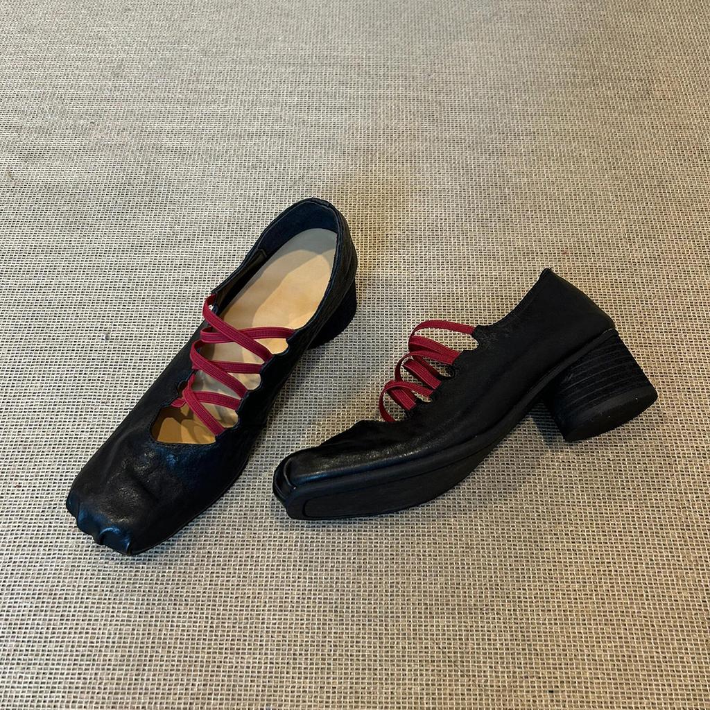 Sheepskin Version~ Retro Niche Cross-strap Single Shoe Pleated Leather Square Head Pig Nose Shallow Mouth Ballet Shoes Women