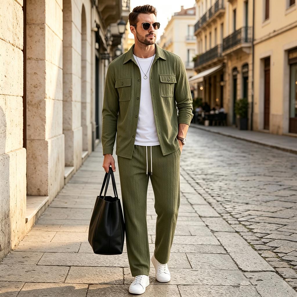Men's Casual 2-Piece Sport Outfit with Lapel Jacket Button Pockets and Straight Leg Pants