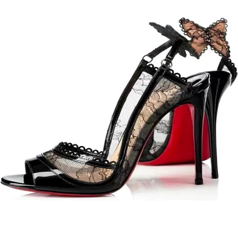 Sexy Krajka Mašlička Tenké Vysoké Podpatky Dámské Boty s Otevřenou Špičkou Elegantní Designové Striptýzové Banketové Společenské Boty Módní Značkové Sandály Dámské