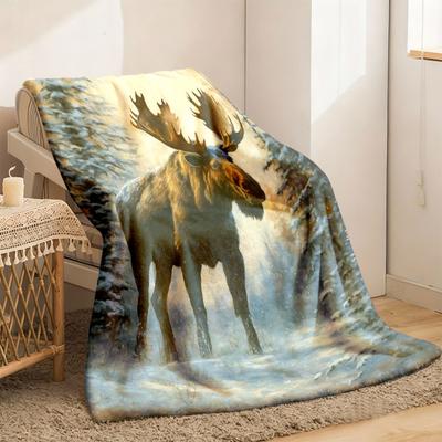 2026 New Arrivals Moose And Snowy Forest Print Blanket Cozy Polyester All-Season Multi-Use Throw for Home Office Picnics And Trave
