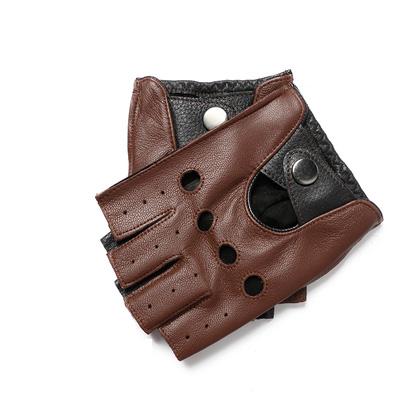 100% Genuine Leather Half-Finger Gloves for Men, Made from Genuine Sheepskin, Red/Brown/Blue, for Driving and Riding,