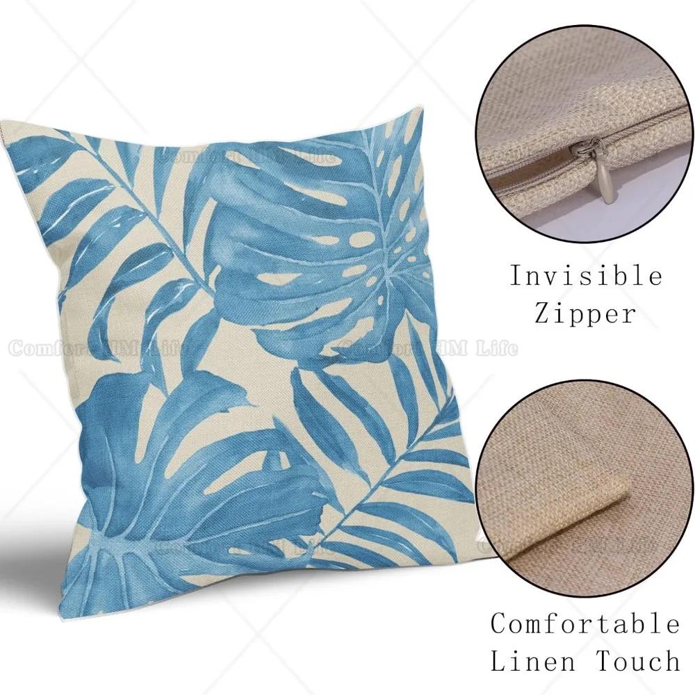 Watercolor Light Blue Palm Leaf Pillow Covers Set of 2 Summer Tropical Leaves Decorative Pillow Cases Linen Square Cushion Cover
