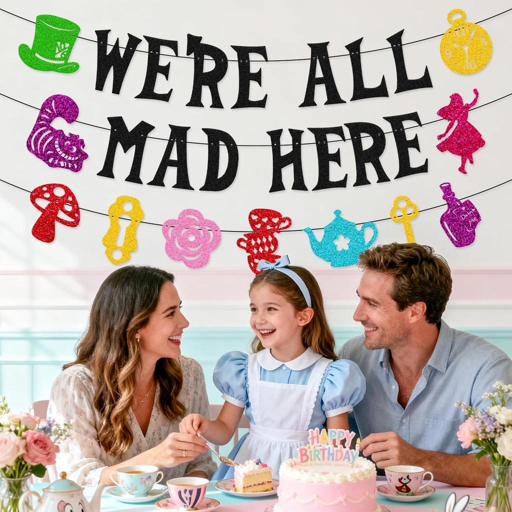 We’re All Mad Here Banner Fantasy One Years Old Birthday Party Decorations Welcome Baby Girl Boy Afternoon Tea Party Supplies