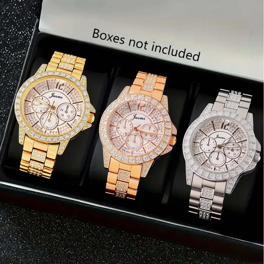 Luxury and fashionable diamond-encrusted alloy women's quartz watch set of 3, suitable for everyday wear, Thanksgiving and Chris