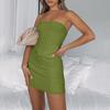 Women's Solid Color O Neck Strap Slim Design Pleated French Slit Dress Ladies Dress