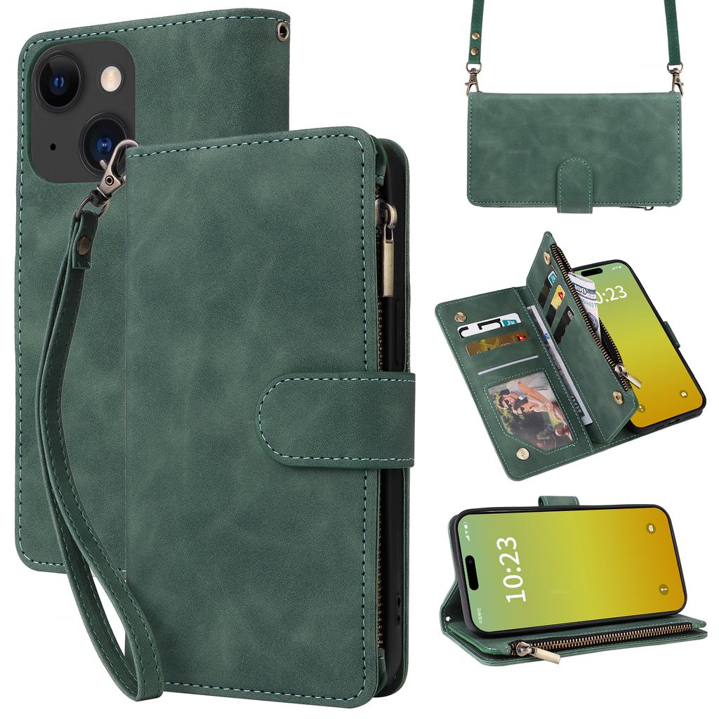 For iPhone 15 Plus Case Zipper Multi-Pocket Wallet Leather Phone Cover with Shoulder and Wrist Straps