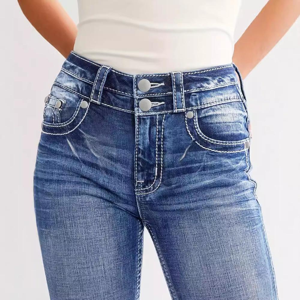 Jeans Donna Vita Alta a Zampa Vestibilità Slim Tasca Ricamata Alta Elasticità Pantaloni Lunghi in Denim