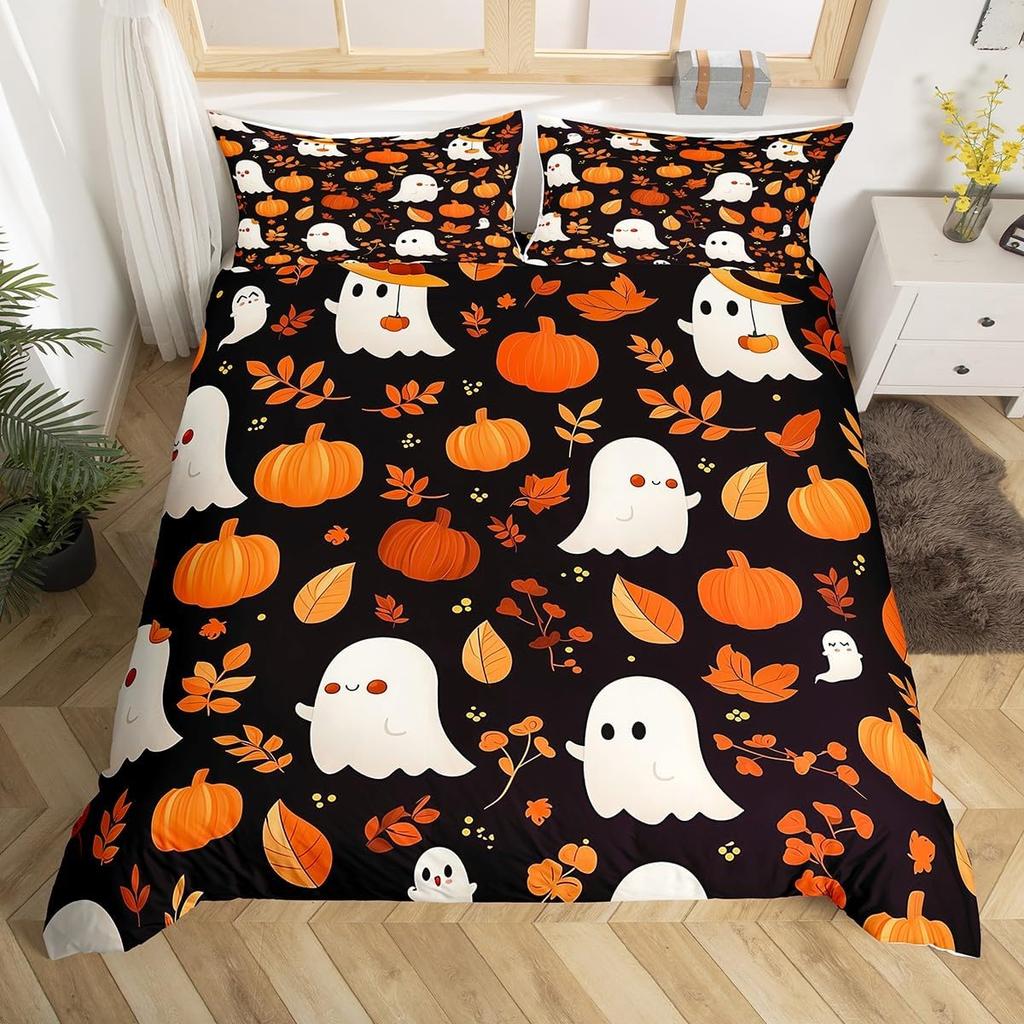 Cartoon Ghost Duvet Cover Scary Halloween Theme Bedding Set Spooky Pumpkin Comforter Cover Skull Skeleton Bed Cover Twin Queen