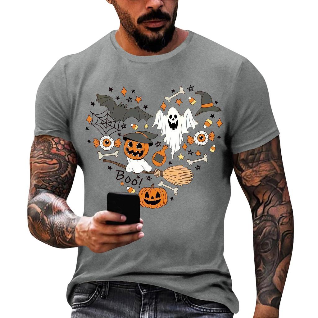 Men Casual Short Sleeve Halloween Print Tee Crew Neck Cotton Fit T Shirt for Everyday Wear and Sports