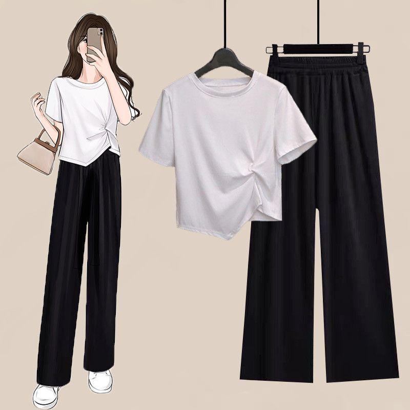Set T-shirt a Blocchi di Colore Coreana e Pantaloni a Gamba Larga
