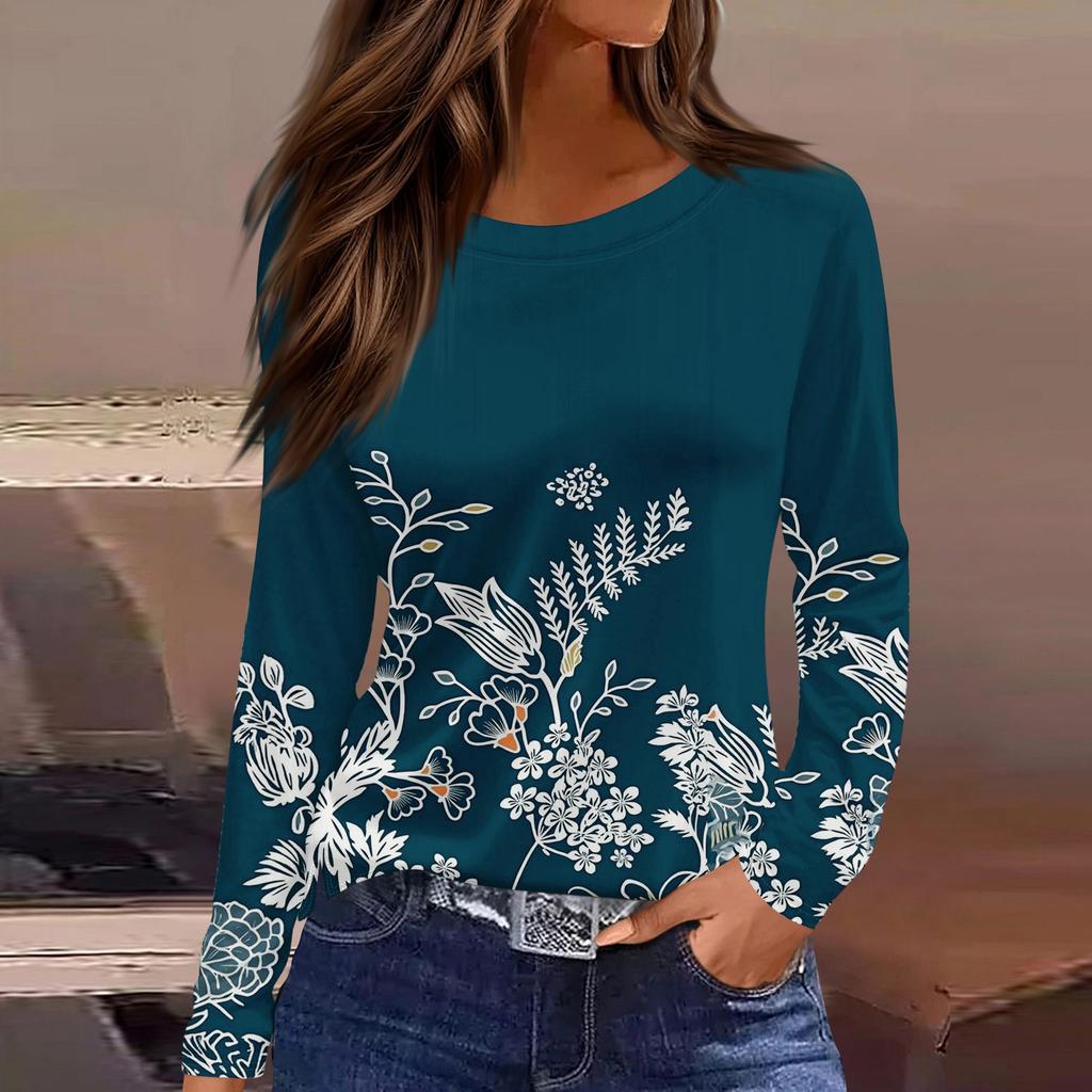 Dames casual T-shirt met split aan de zoom, ronde hals, lange mouwen en losse print.