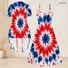 Women Plus Size Printed Two Piece Set Short Sleeve Draped Cardigan V Neck Strappy Flared Dress Navy Blue