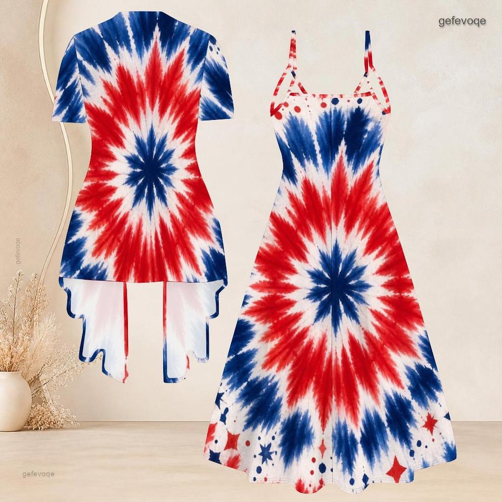 Women Plus Size Printed Two Piece Set Short Sleeve Draped Cardigan V Neck Strappy Flared Dress Navy Blue