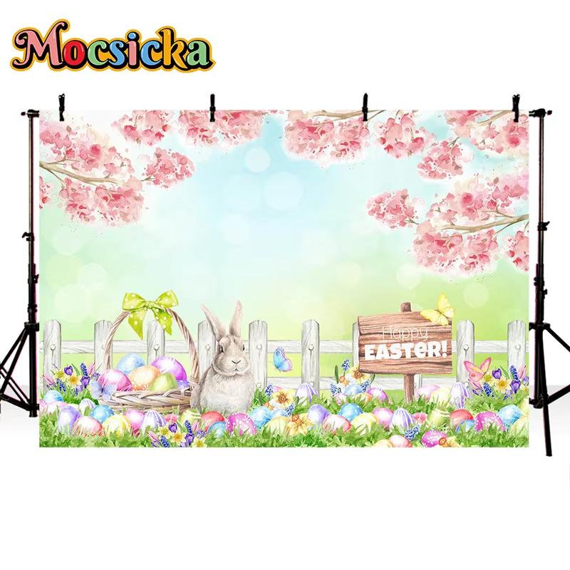 Mocsicka Easter Background Spring Flowers Meadow Eggs Rabbit Decoration Home Party Kid Photo Studio Photography Props