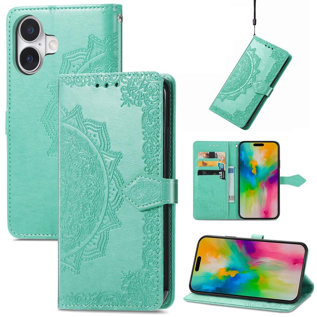 For iPhone 16 Case Embossed Mandala Pattern Leather Phone Cover Wallet Card Slot Holder