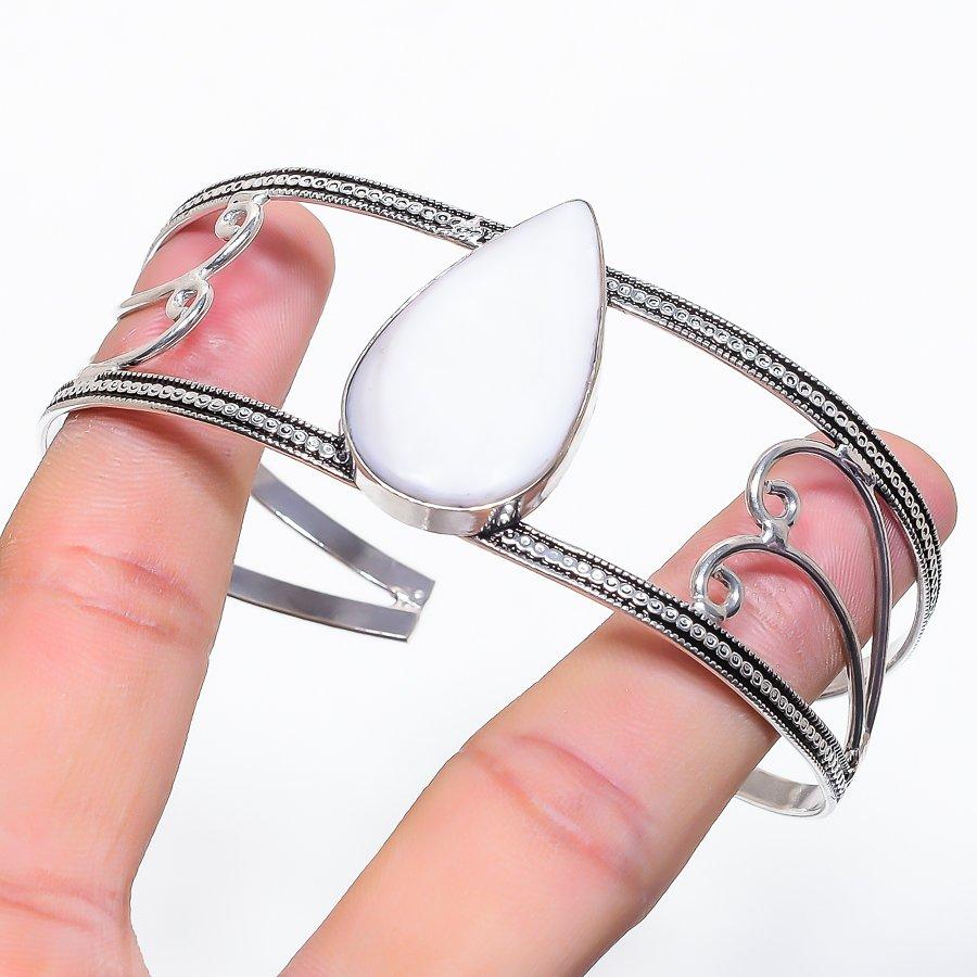 Natural Mother Of Pearl Gemstone 925 Sterling Silver Cuff Bangle Adjustable C7c96
