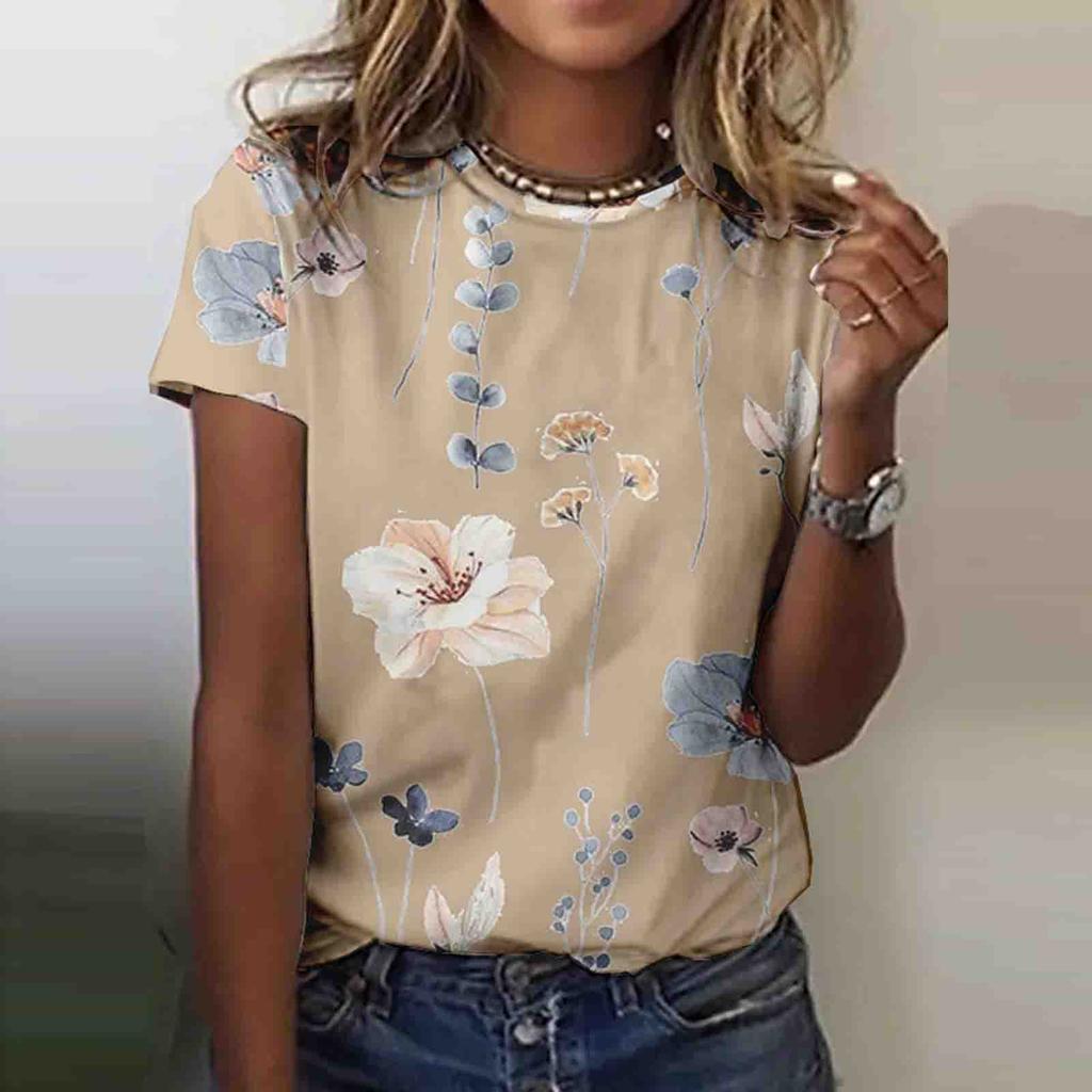 Women's Fashion Casual Short Sleeve Flower Print Round Neck Pullover Top Blouse