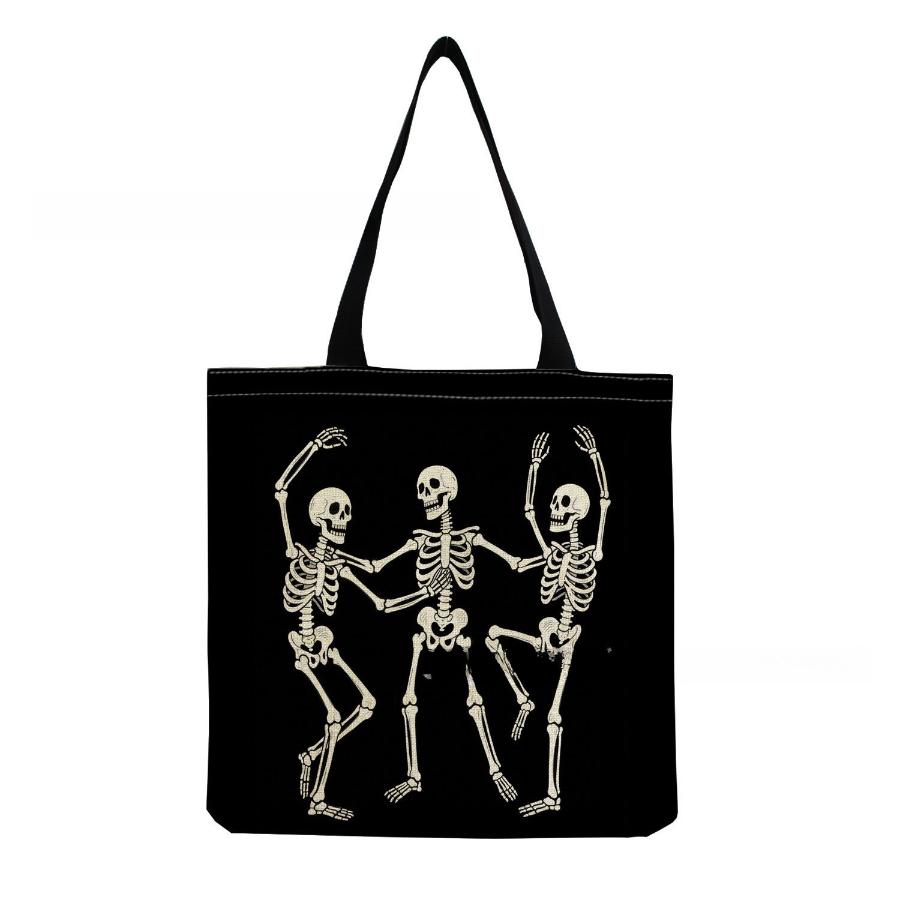 Women Vintage Linen Tote Bag - Large Capacity Skeleton Print Shoulder Handbag for Casual & Grocery Shopping KTB