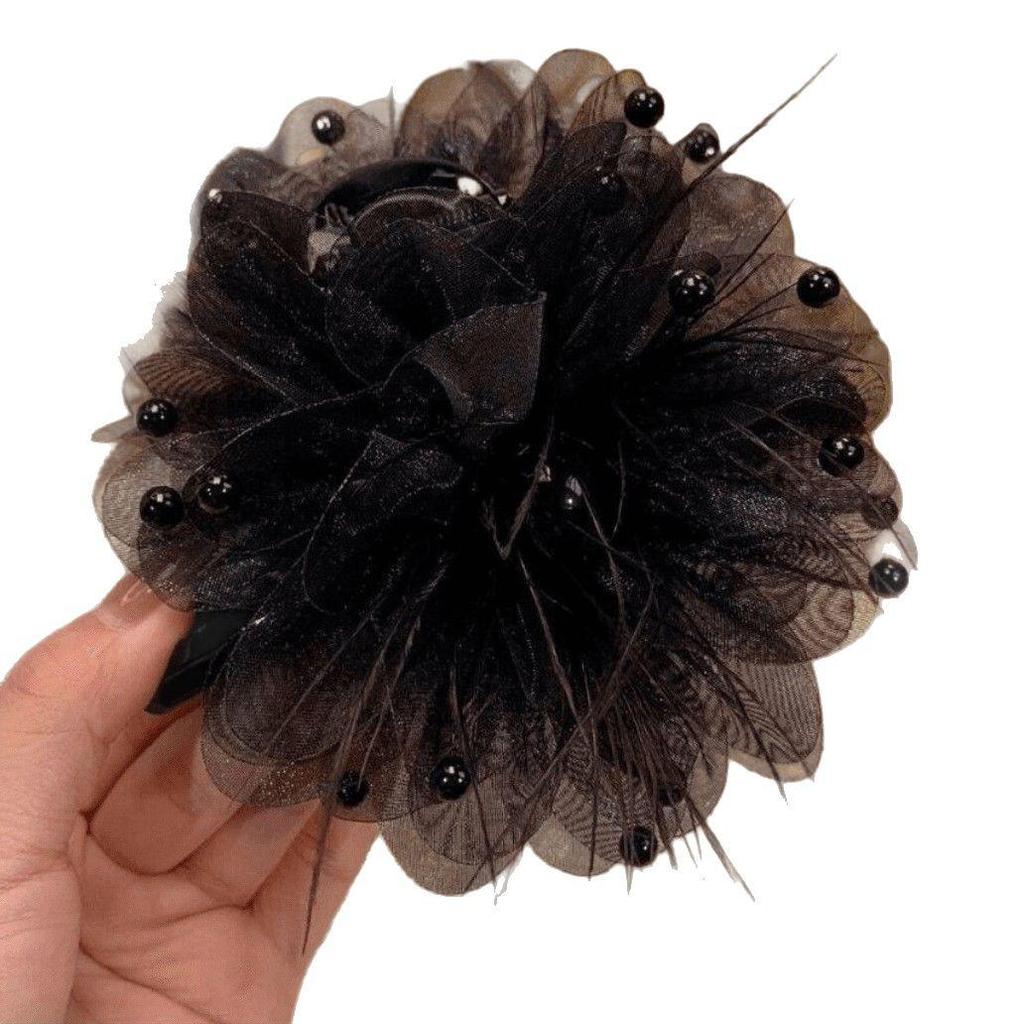 Elegant Black Coffee Peony Feather Claw Clip - Lightweight, Stylish, Versatile, and Beaded Fashion Accessory