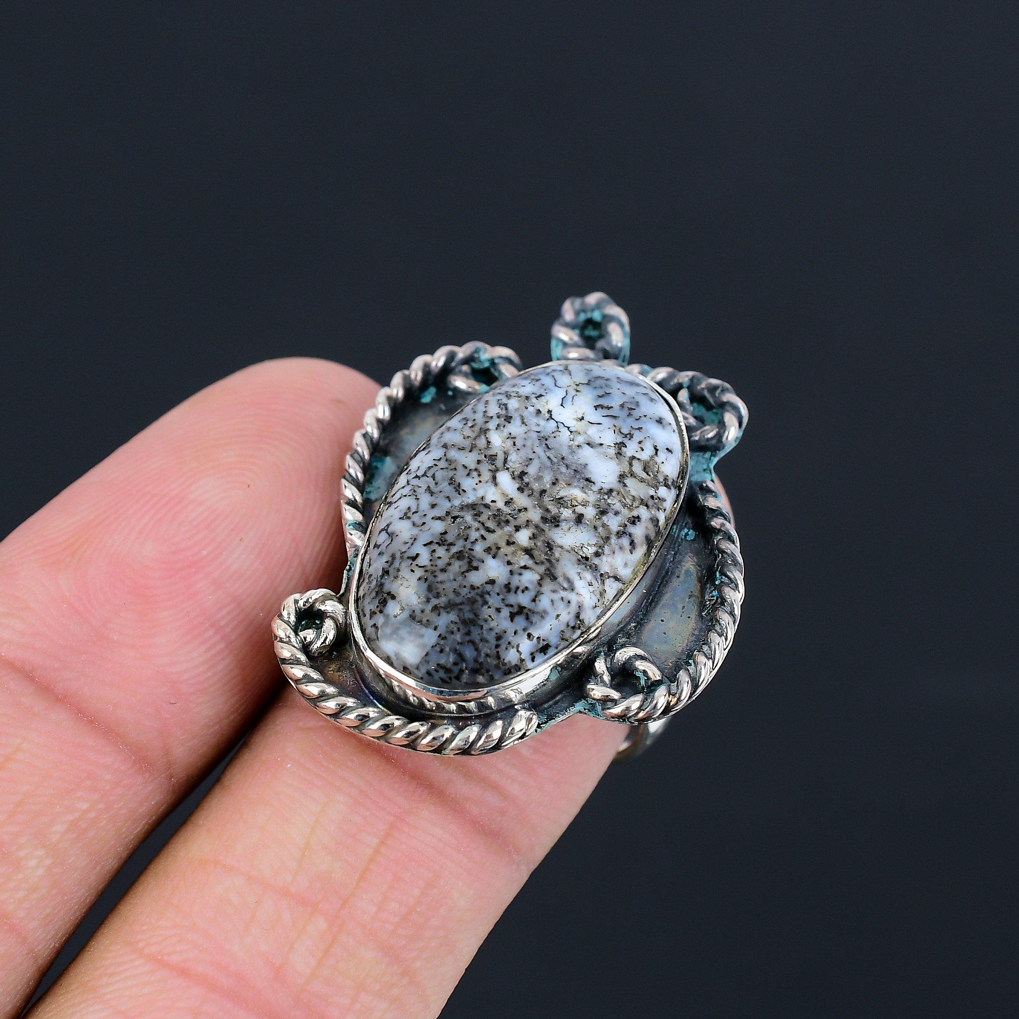 925 Sterling Silver Oval Dendrite Opal Stone Boho Stackable Ring Jewelry Size 8 8