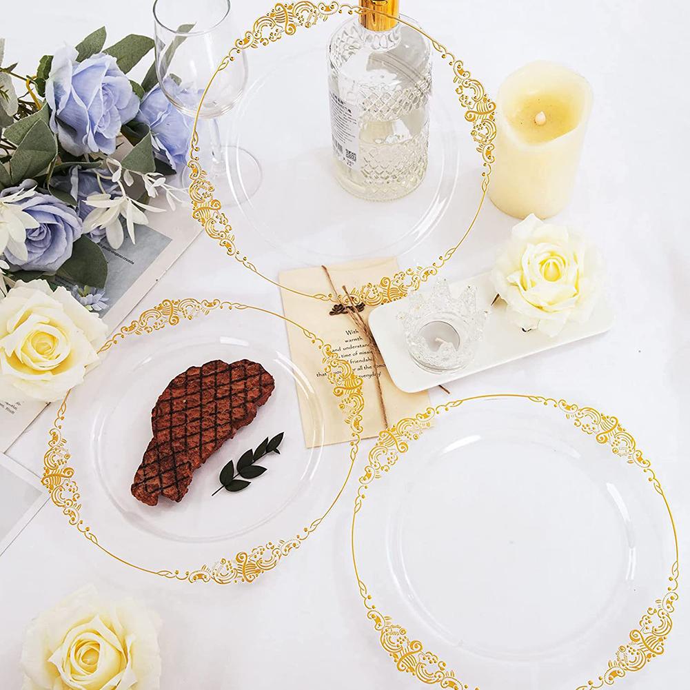 25PCS Plastic Plates Gold Disposable Dinner Plates Dessert Plates Dinnerware Kit For Wedding Party Thanksgiving