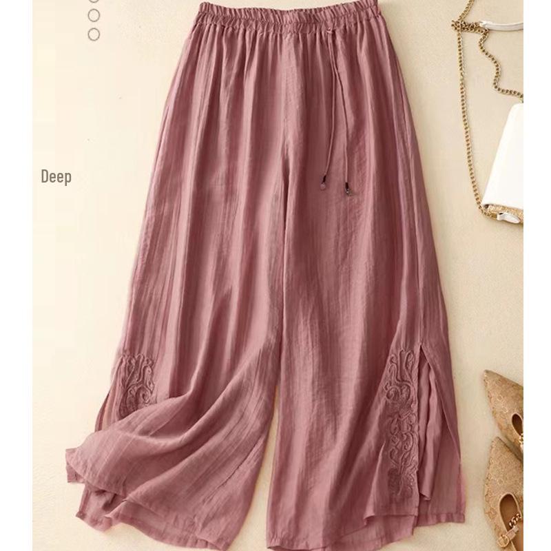 Retro Embroidered Tencel Wide-Leg Pants - Women’s High-Waist Summer Casual with Slit Tassel Details.