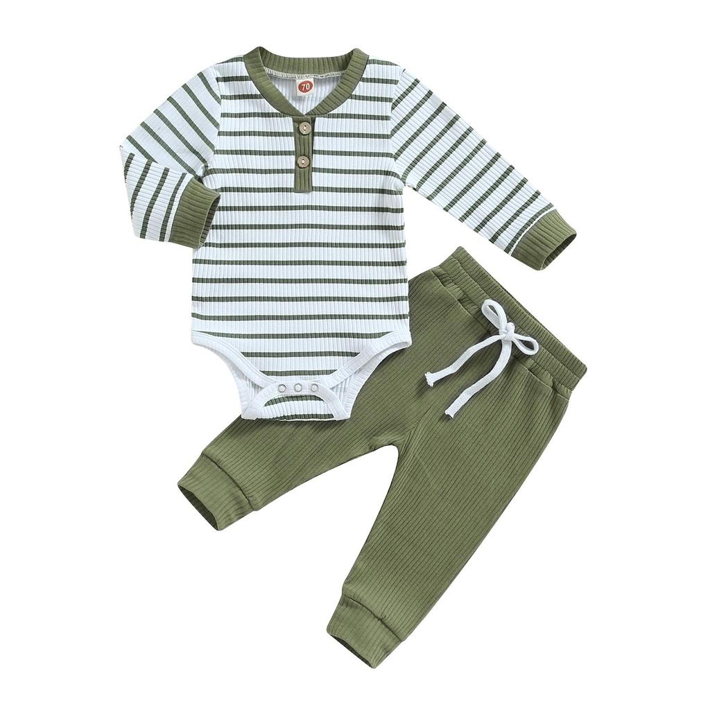 Baby Boy 2Pcs Fall Outfits Long Sleeve Striped Print Romper + Pants Set Infant Warm Clothes