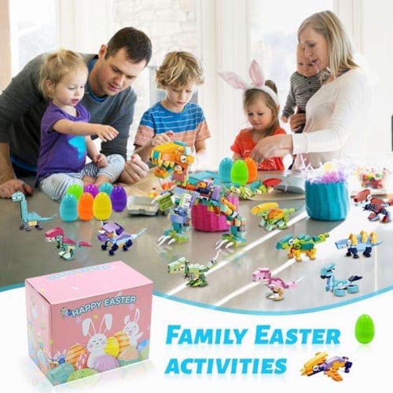 Prefilled Dinosaur Easter Eggs, 12-in-1 DIY Dino Building Toy Set, Fillable Easter Basket Stuffers Kids Toys for Boys and Girls