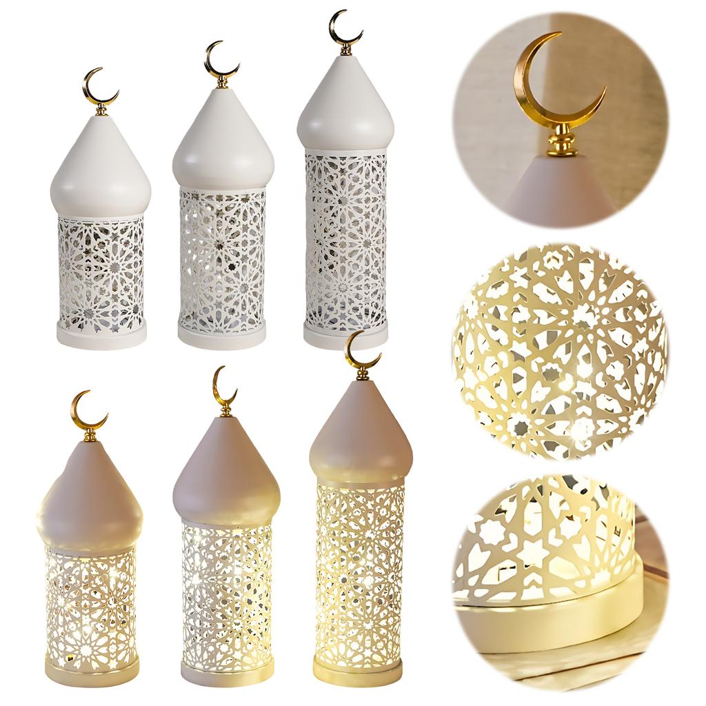LED Hollow Iron Lantern Anti-Scratch Ramadan Metal Ornaments Lamp Warm Light Candle Holder Tea Light for Living Room Shelf Desk