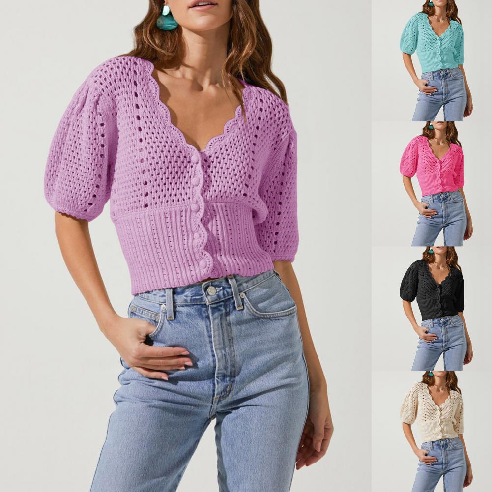 Cheap Popular Women Sweater Slim All Match Knitwear Hollow Out V Neck