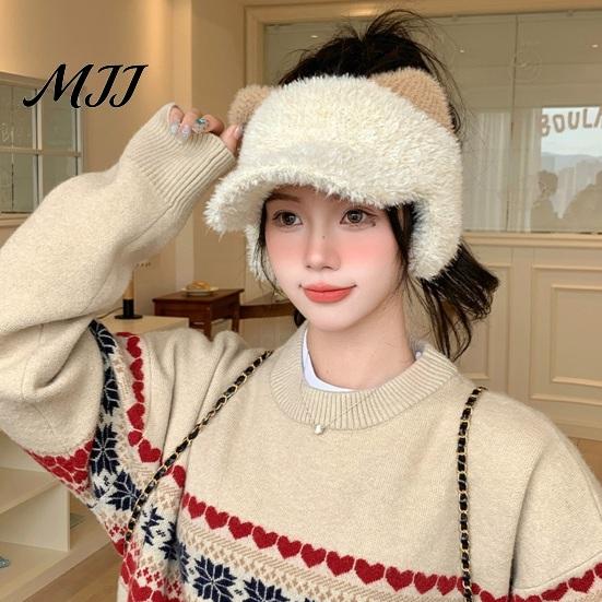 Thoughtful Gift for Besties Winter Visor Cap with Ear Flaps, Plush Beanies Brim, Open Top, Outdoor Sports Headwear Cute Cat Ears Warm Ponytail