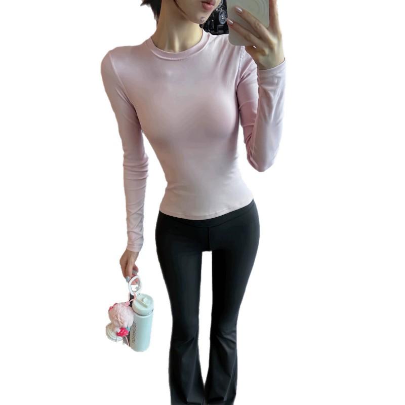 Womens Pink Long Sleeve T-Shirt Slim Fit Basic Top Korean Style Casual Wear