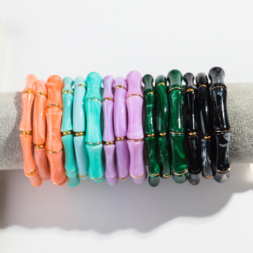3pcs Vintage Bamboo Curved Tube Bracelets for Women Men Punk Colorful Resin Beaded Elastic Stackable Bangles Couple Jewelry Gift