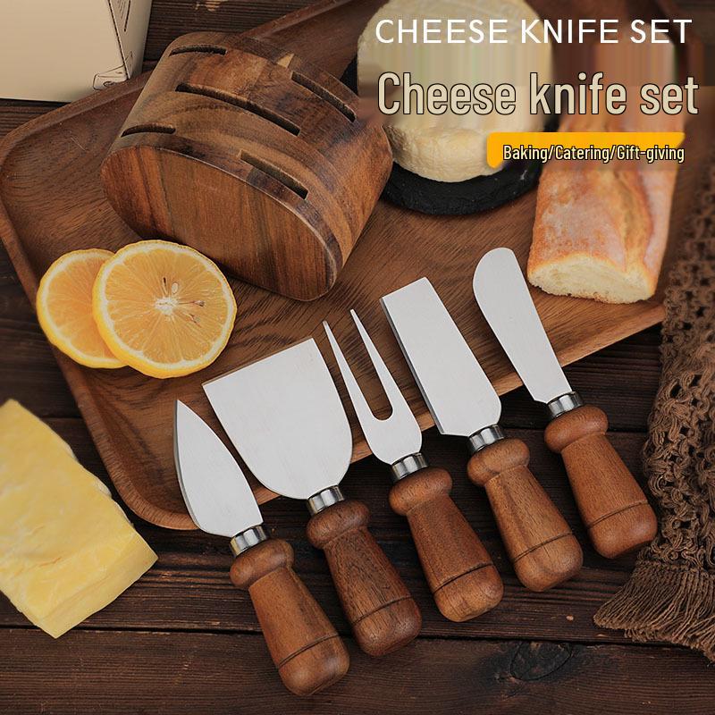 Acacia Wood Cheese Knife Set: Stainless Steel Knife, Fork, and Spatula with Storage Base