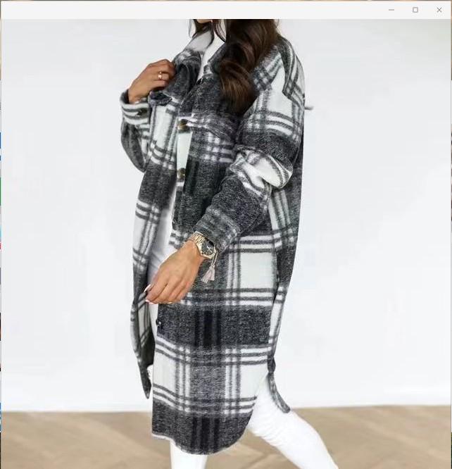 

Jinhan Осенне-зимнее клетчатое длинное шерстяное пальто, с длинными рукавами и отложным воротником на пуговицах - Повседневный стиль, Бесплатная доставка M чёрный