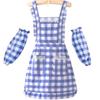 Blue Checkered Kitchen Apron With Attached Sleeve Covers Polyester Cotton Blend Stain Resistant Cooking Apron Workwear