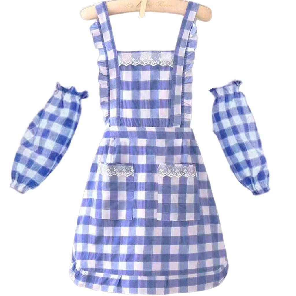 Blue Checkered Kitchen Apron With Attached Sleeve Covers Polyester Cotton Blend Stain Resistant Cooking Apron Workwear
