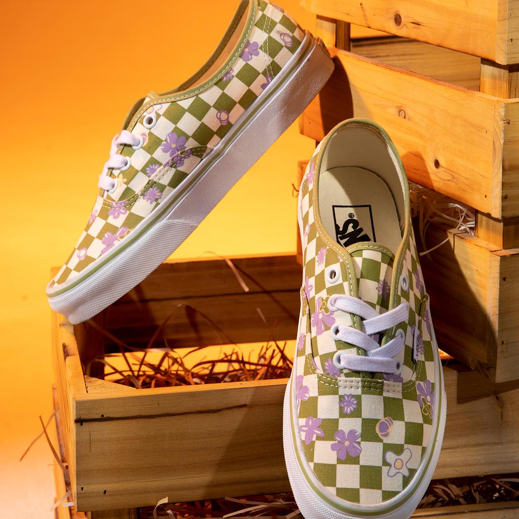 Vans Autentiche Scarpe di Tela Basse a Scacchi con Stampa Floreale Durevoli Traspiranti Sneakers Unisex Verde Bianco VN0A5KS9CCF