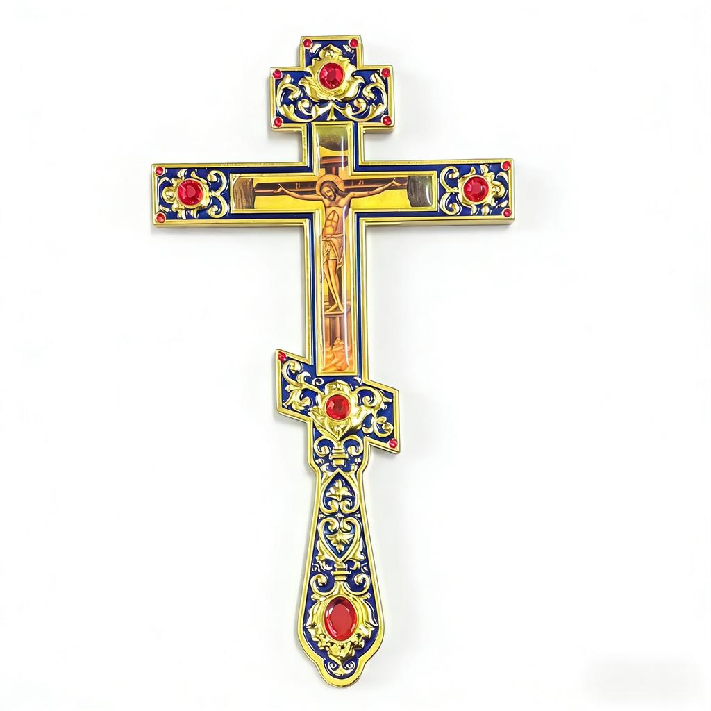 HT Byzantine Orthodox Crucifix Gold-Plated Enamel Cross with Red Rhinestones Hand Christian Cross for Church Prayer Home Decor