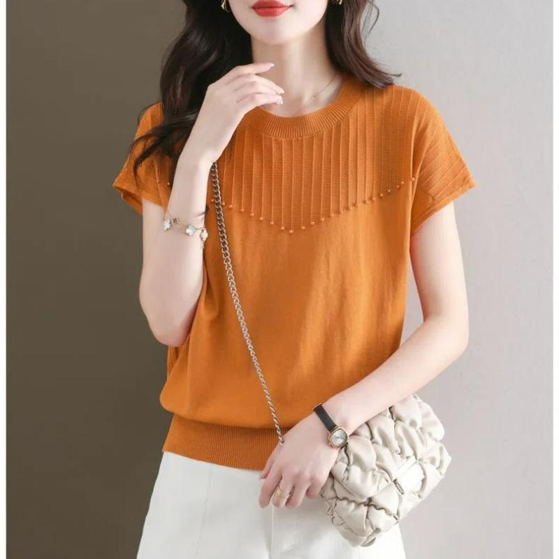 

Корейская простая милая модная летняя футболка с круглым вырезом и коротким рукавом, женский однотонный лоскутный топ с резьбой, свободный, универсальный, вязаный 4XL оранжевый