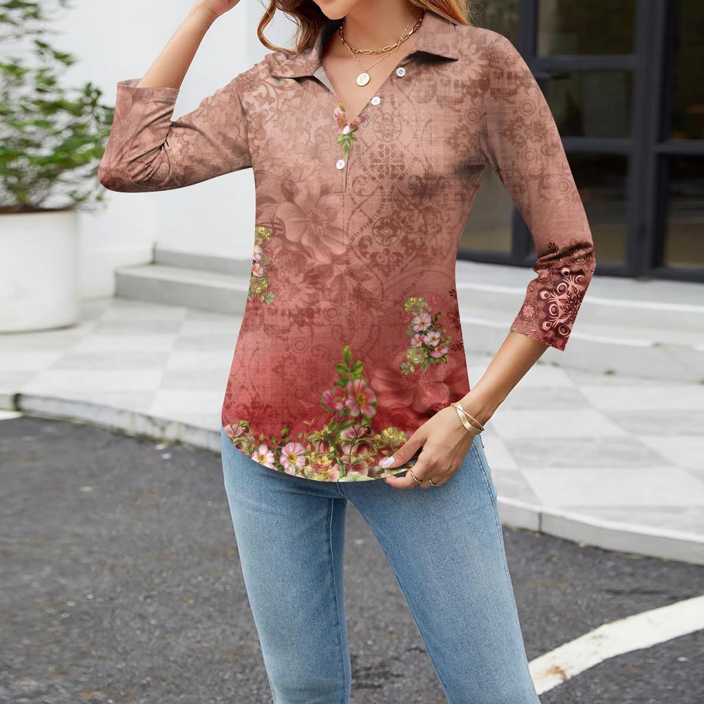 Women's Fashion Casual Long Sleeve Floral Print V-Neck Button Top