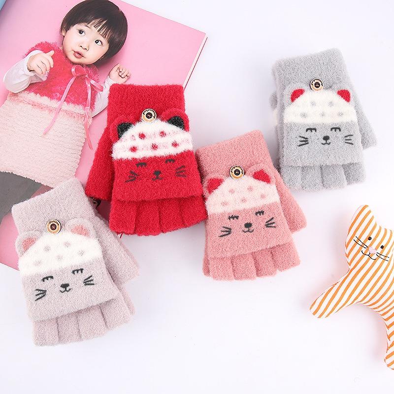 Children's half-finger flip gloves, primary school students write cute cartoon autumn and winter piled thickened warm wool gloves
