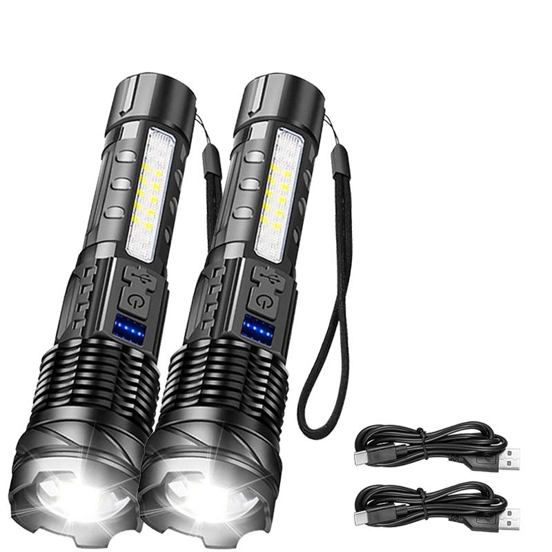 XHP50 High Power LED Flashlight Tactical COB Side Light Zoomable Torch Spotlight Rechargeable Waterproof Self-defense Flashlight