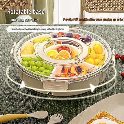 Rotating Six-Grid Snack Tray with Handle, Sealed & Moisture-Proof, Portable Round Dried Fruit Box with Lid