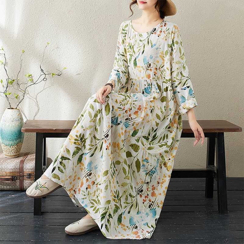 

Платье А-силуэта с круглым вырезом, цветочным принтом, длинными рукавами, свободного кроя, тонкое, с большим подолом One Size